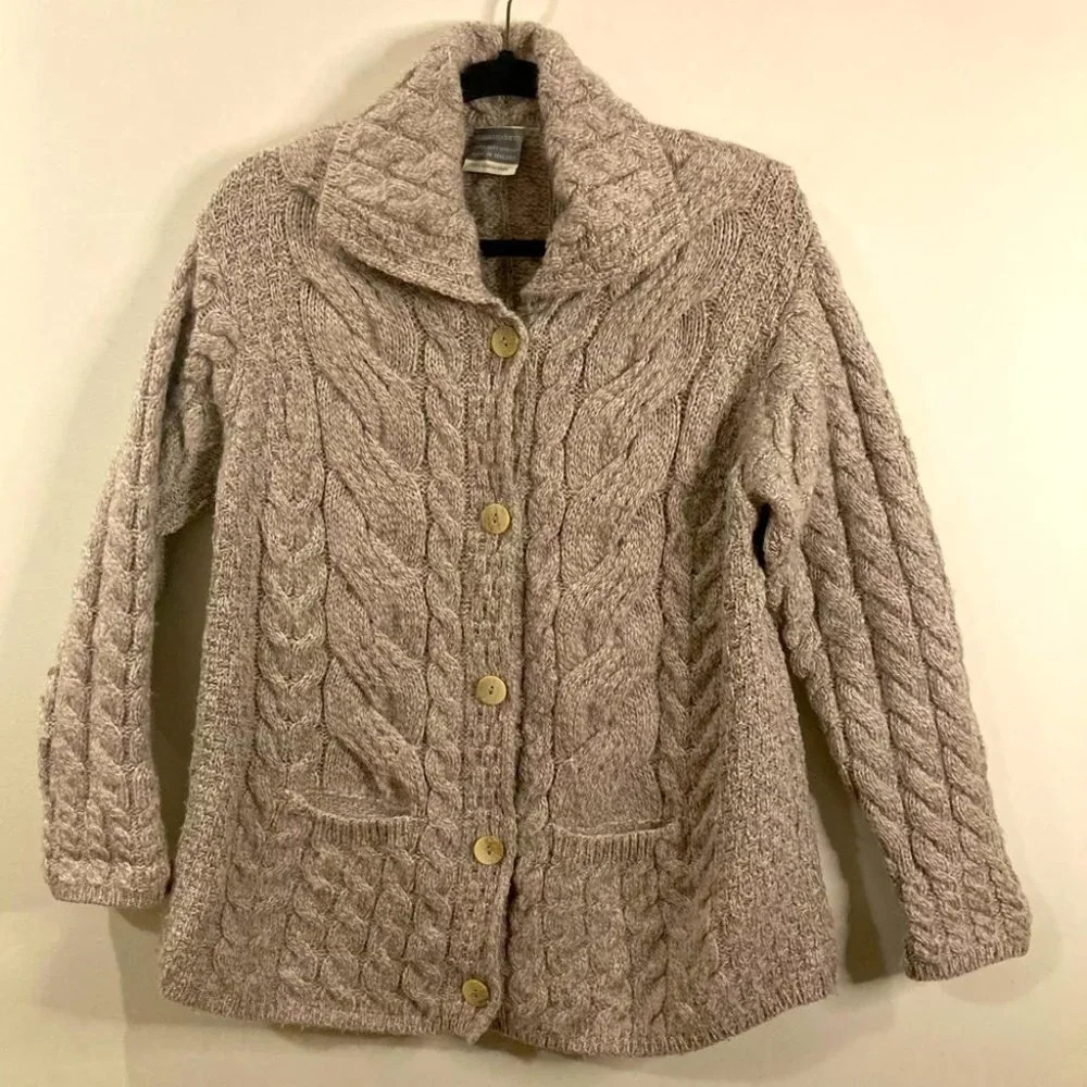 CARRAIGDONN Sz L 100% Merino Wool Cable Knit Pockets Cardigan